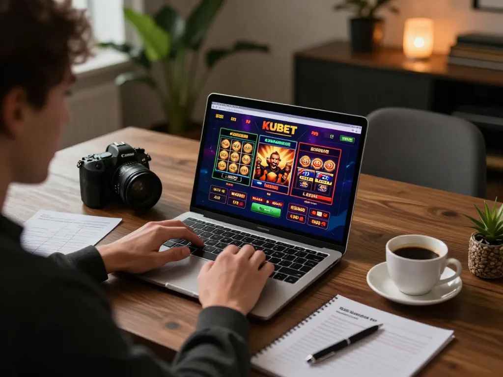 Engaging player strategies at kubet casino on laptop with warm ambiance.