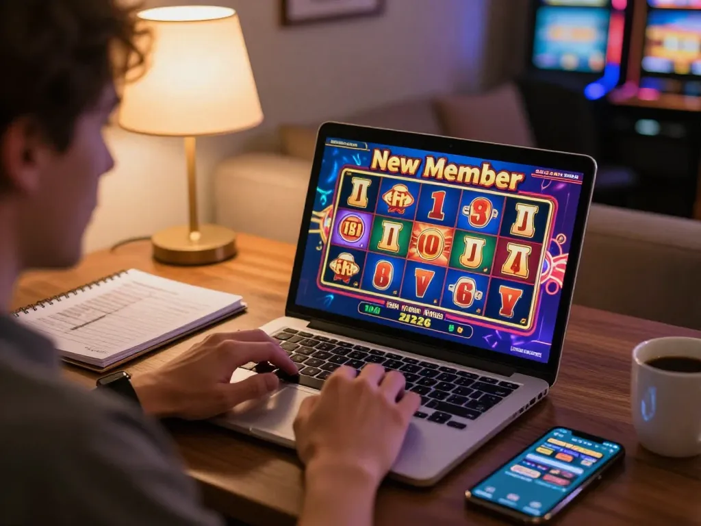 Engaging in online gaming with a slot bonus new member promotion, showcasing colorful wins on the laptop.