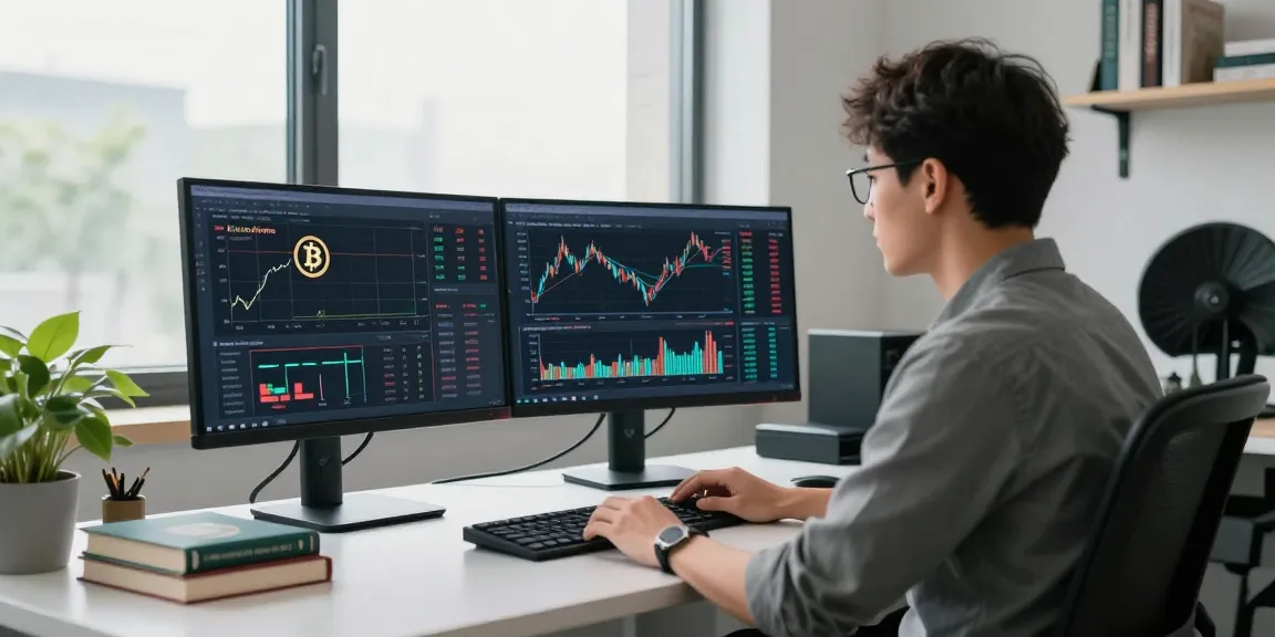 Bitcoin mining contract analysis in a contemporary tech workspace with multiple screens and financial security books.