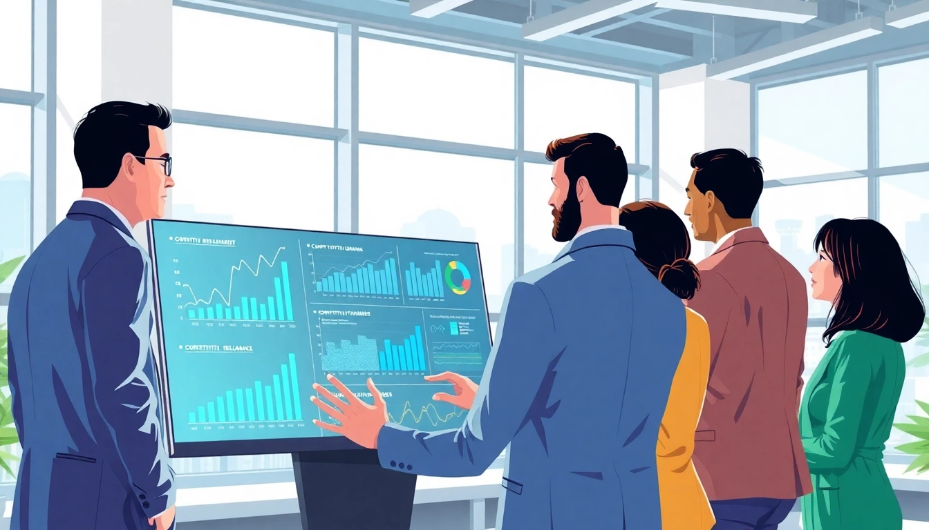 Analyze competitive intelligence data with a diverse team in a modern office setting