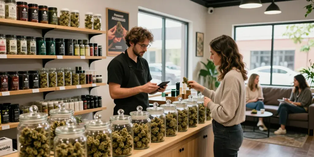 Premium Alienlabs strains displayed in a trendy cannabis dispensary.