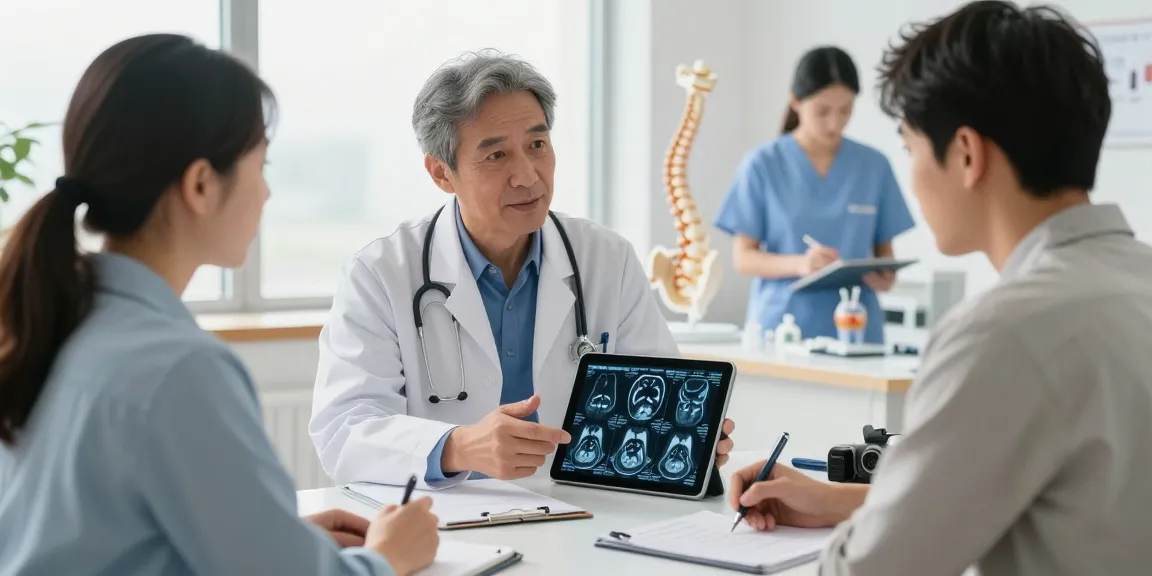 Consultation about boyun fıtığı ameliyatı options with a patient and orthopedic surgeon in a bright medical office.