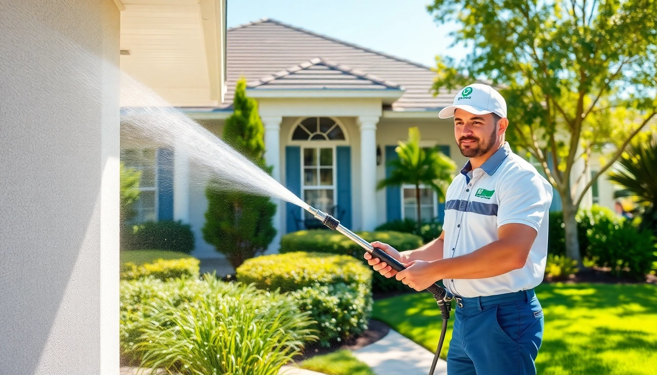 Soft wash cleaning in Kissimmee, FL by a professional technician, emphasizing eco-friendly home restoration.