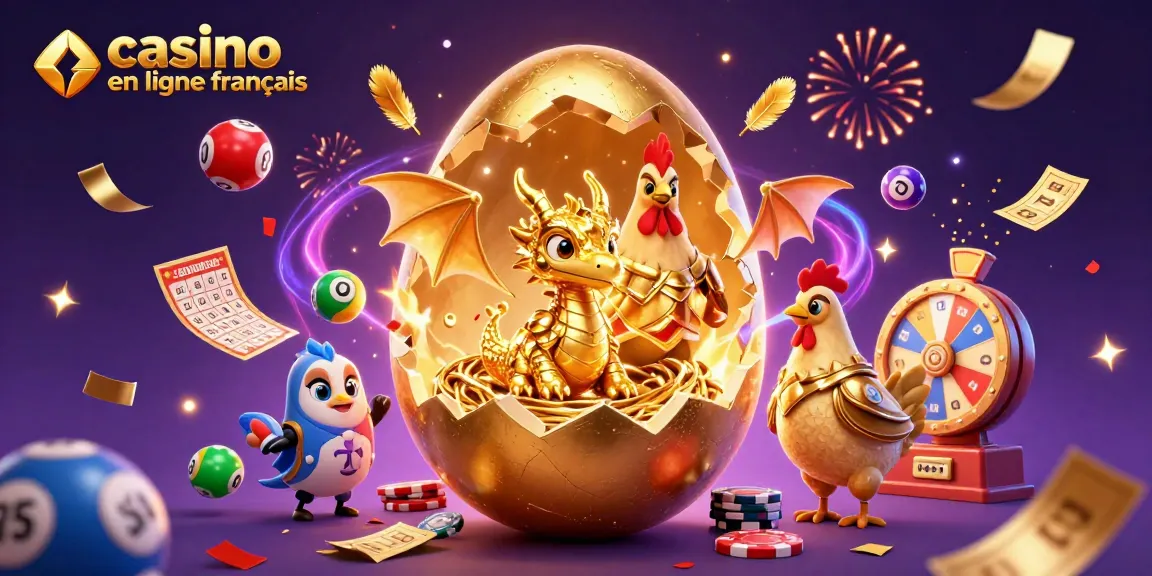 Découvrez l'univers coloré du casino en ligne français avec un dragon doré et des éléments de jeu.