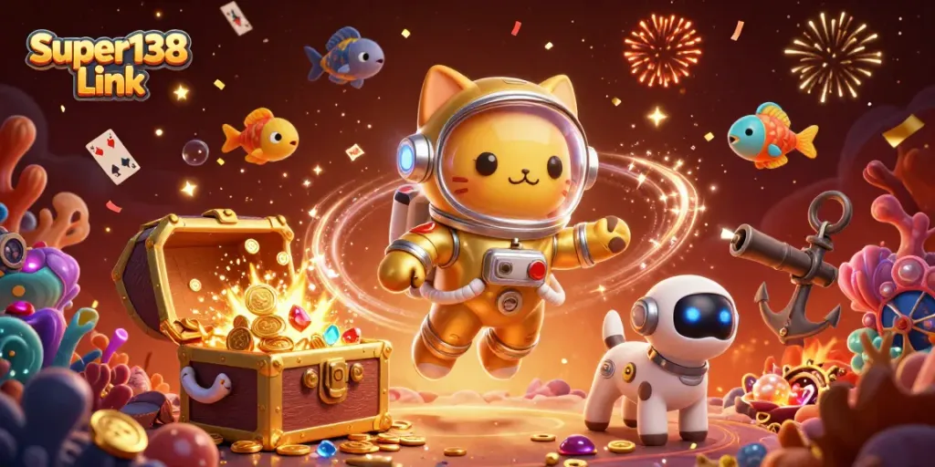 Experience the excitement of Super138 Link with vibrant cosmic characters and casino elements.