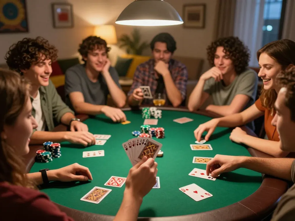Friends enjoying a social poker night with เว็บตรงสล็อต in a cozy setting, warm lighting enhances the lively atmosphere.