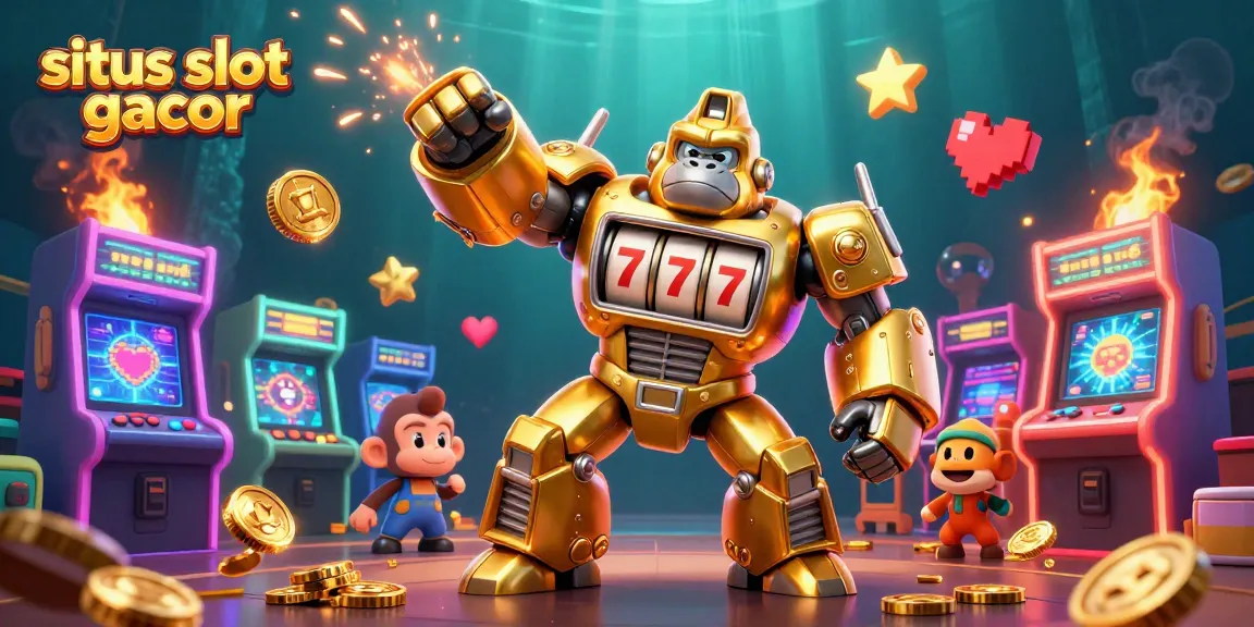 Experience immersive gaming with situs slot gacor, featuring a vibrant 3D golden gorilla mech in action.