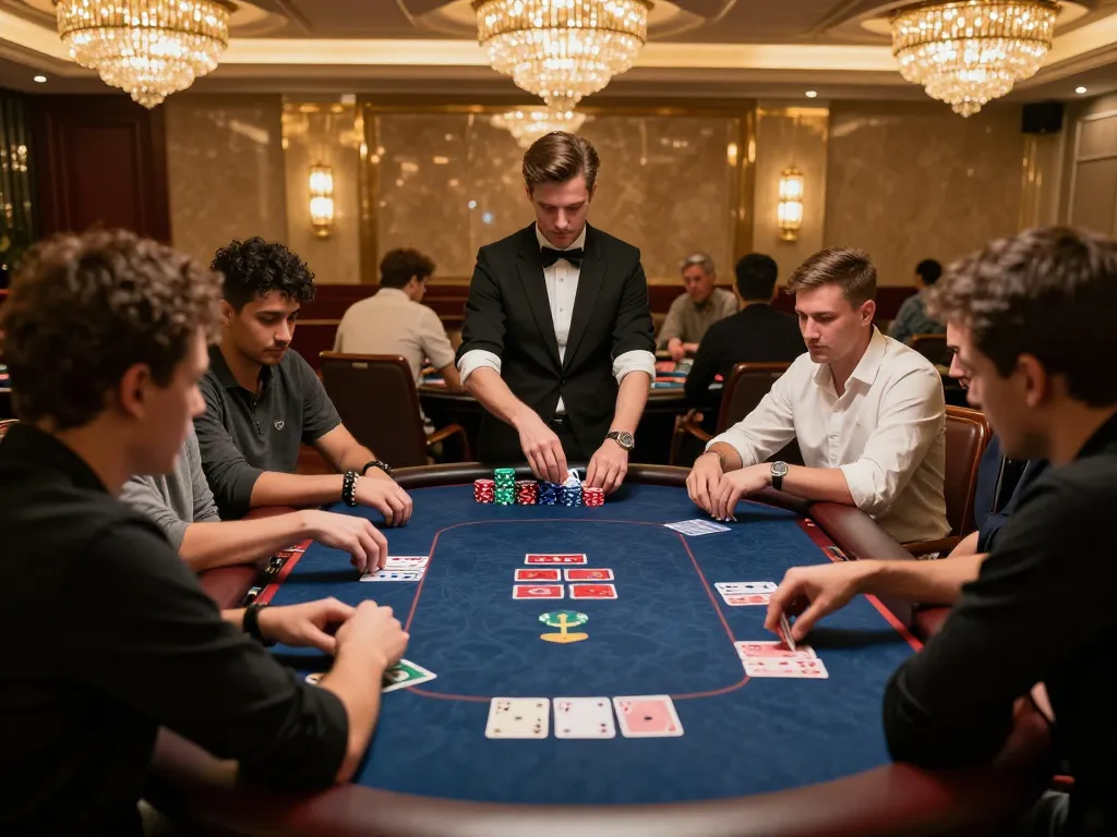 Players enjoying top quality widgets during a high-stakes poker game in a luxurious casino setting.
