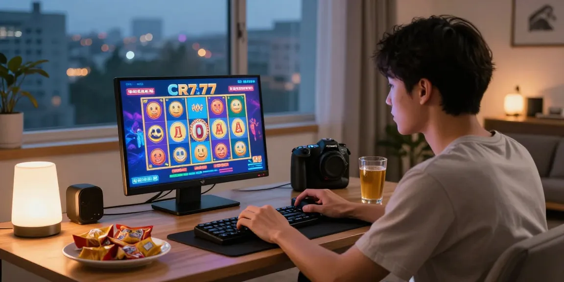 Pengguna CR777 sedang bermain mesin slot online dengan perangkat mobile di ruang tamu yang nyaman.