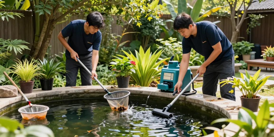 Experts in pond maintenance conducting a thorough clean-up of a vibrant backyard pond.