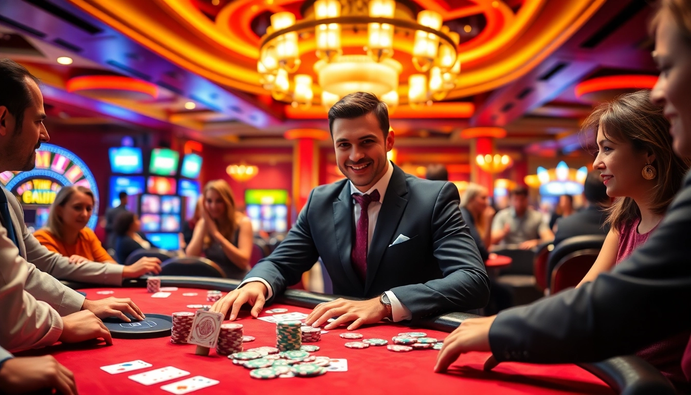 Menggandeng situs toto, dealer poker wearing a tuxedo interacts with enthusiastic players.
