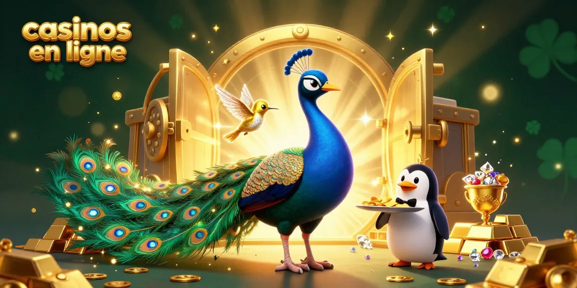 Profitez des casinos en ligne avec une illustration captivante de personnages animés et d'éléments de jeu scintillants.
