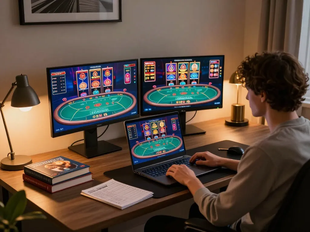 open88 nhà cái player engaged in online casino gaming with laptop and vibrant graphics