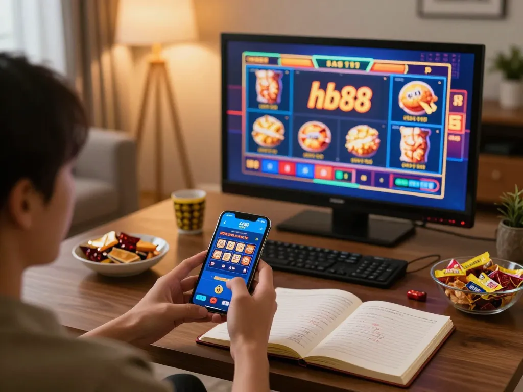 Player engaging with hb88 mobile app for casino gaming in a cozy home setting