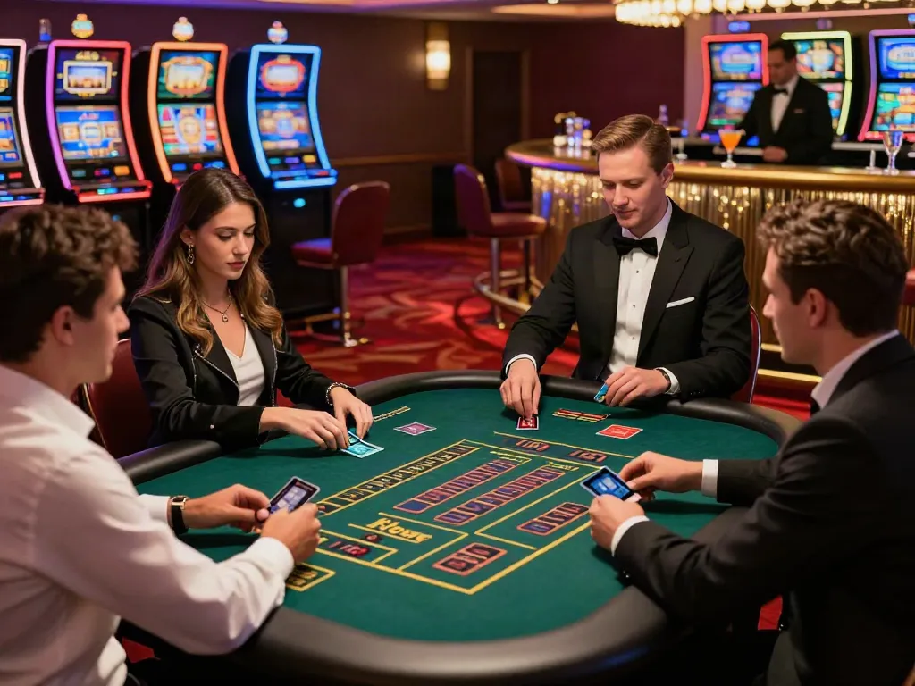 Exciting gaming atmosphere at credit card casino sites with players engaging at tables and slot machines.
