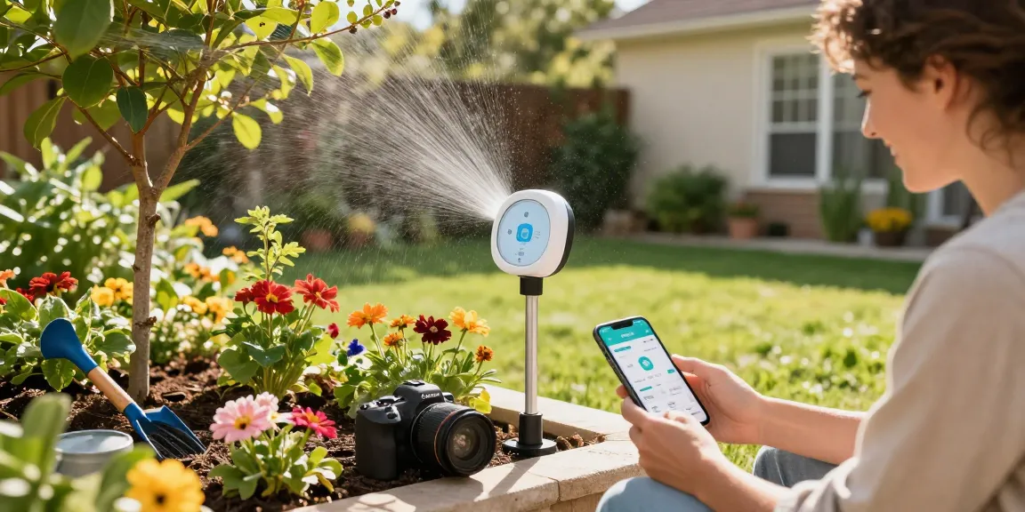 Homeowner using RainPoint WiFi water timer to effortlessly water flourishing plants in a garden.