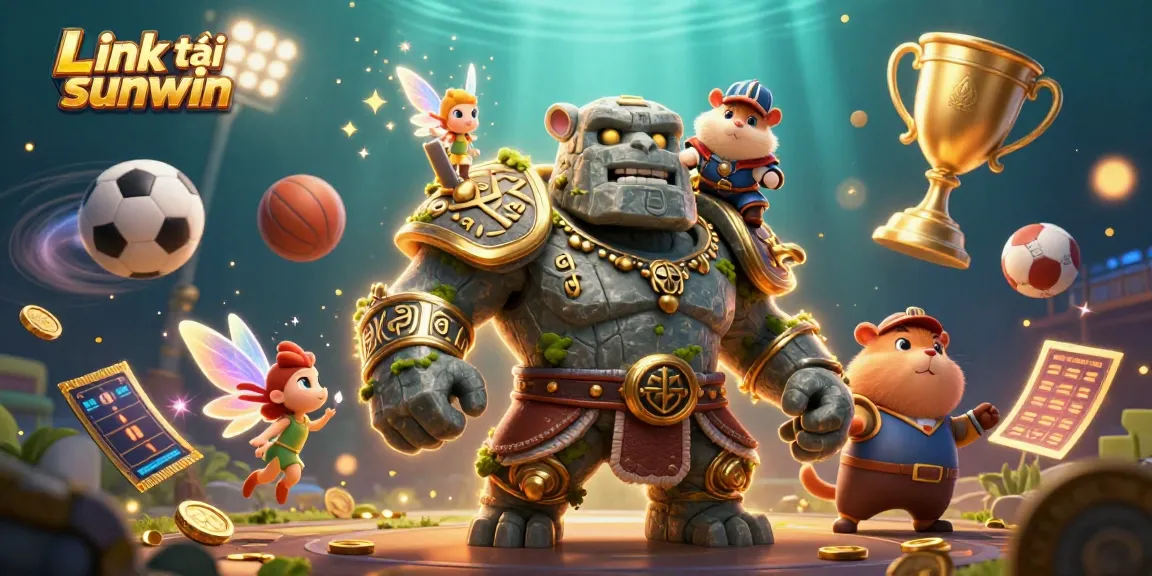 Engage with the Link tải sunwin experience featuring a magical golem and knight in a dynamic casino scene.