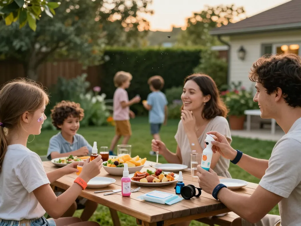 A family enjoying a summer barbecue while using mosquito repellent products for protection against pesky insects.
