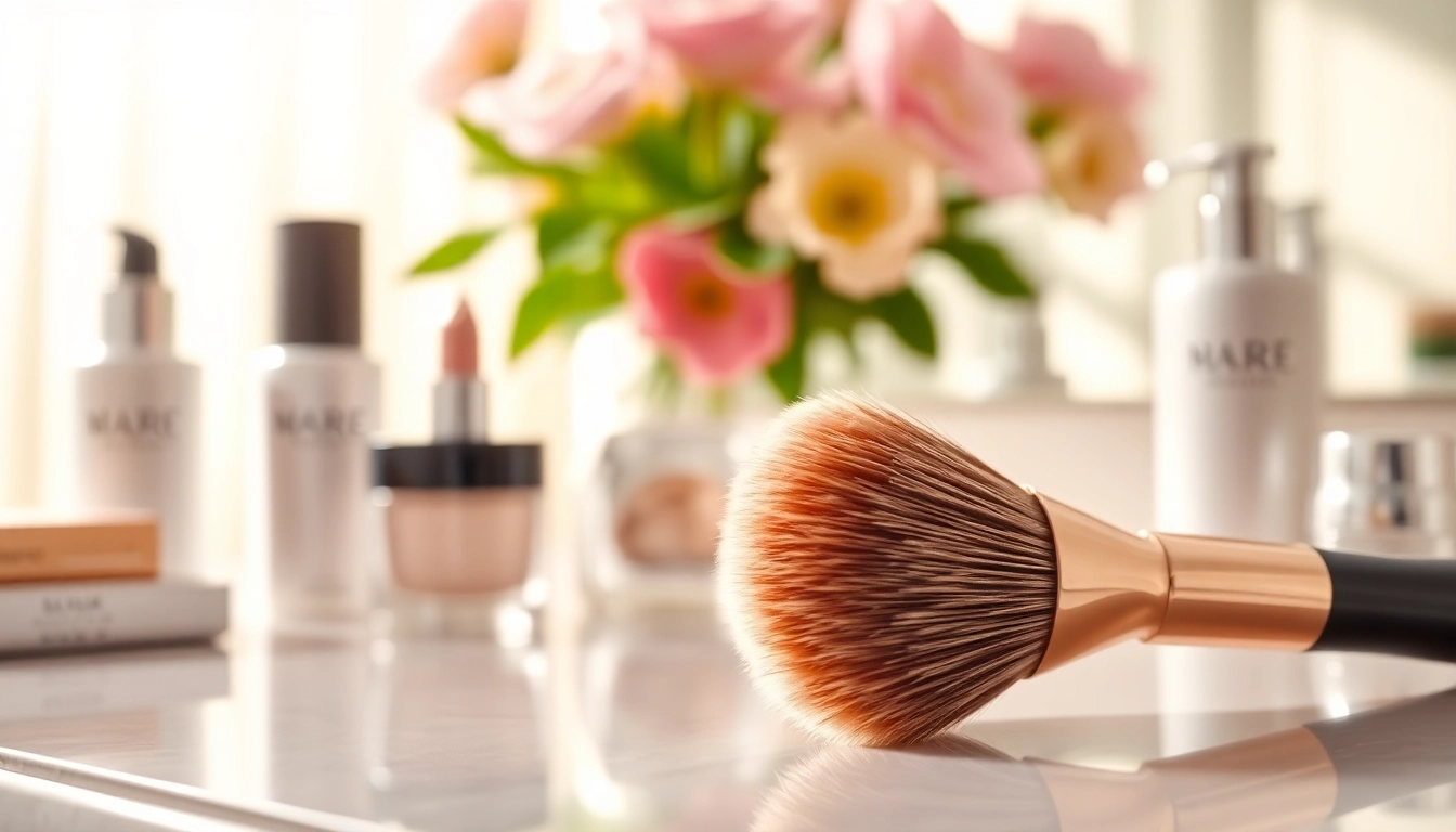 Applying makeup using a dense makeup brush with soft bristles on a chic vanity.