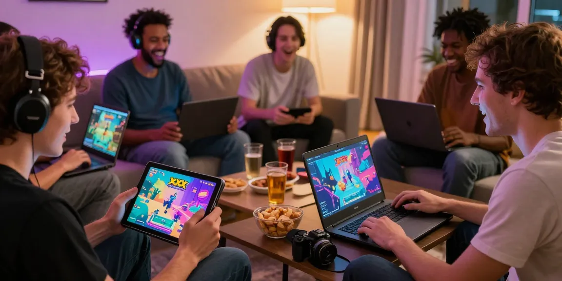 Engaged players enjoying interactive xxx games on various devices in a cozy setting.