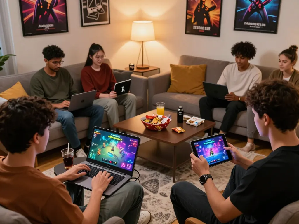 Engaging community scene of players experiencing Degrees of Lewdity on various devices, highlighting social adult gaming dynamics.