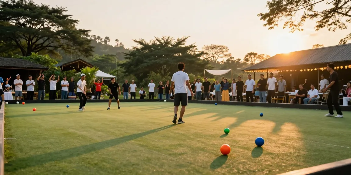 Atmosfer permainan petanque di fopikotabontang.org, dengan pemain aktif dan penonton bersorak di latar belakang.