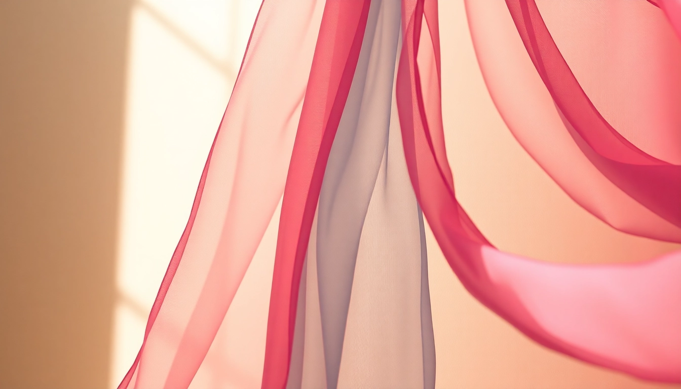 Chiffon stof die elegant hangt en de delicate textuur en levendige kleuren toont.