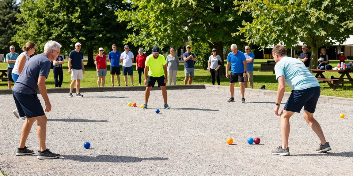 Aktivitas olahraga petanque di fopikotamanado.org dengan pemain beragam dan suasana ceria di taman.