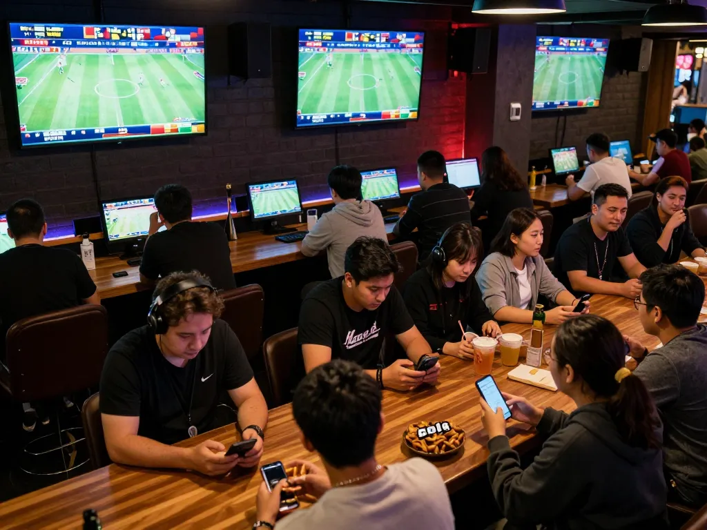 Engaging sports enthusiasts placing parlay bola bets in a lively sports bar.