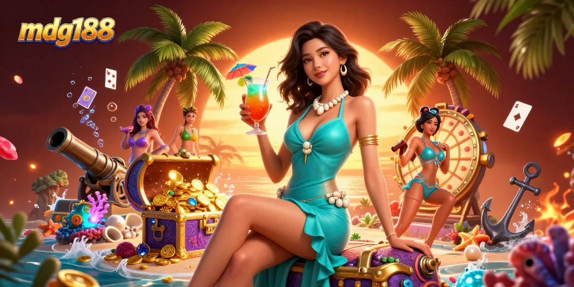 Spin winning reels with mdg188 in a vibrant tropical casino scene featuring golden treasures and lively gameplay.