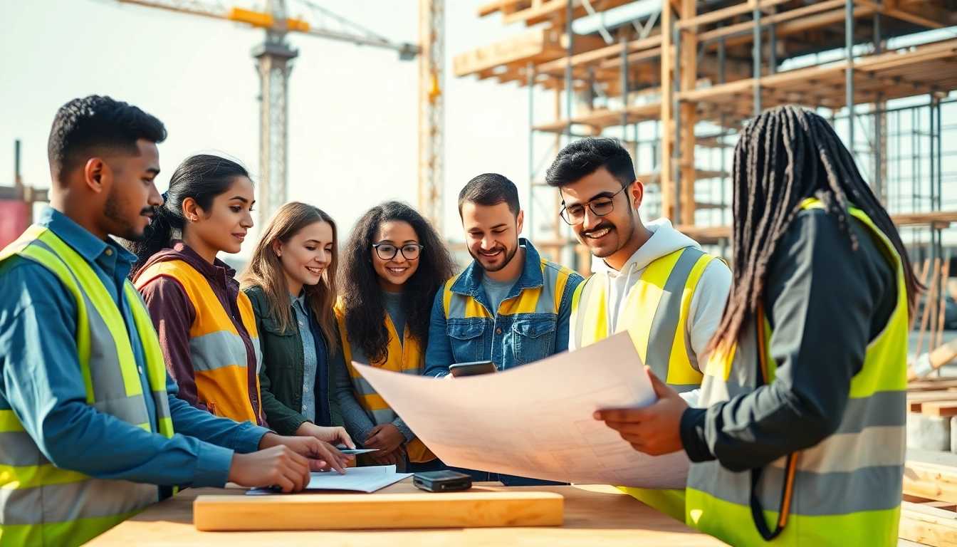 Engaged students in construction education training with hands-on tools and detailed plans.