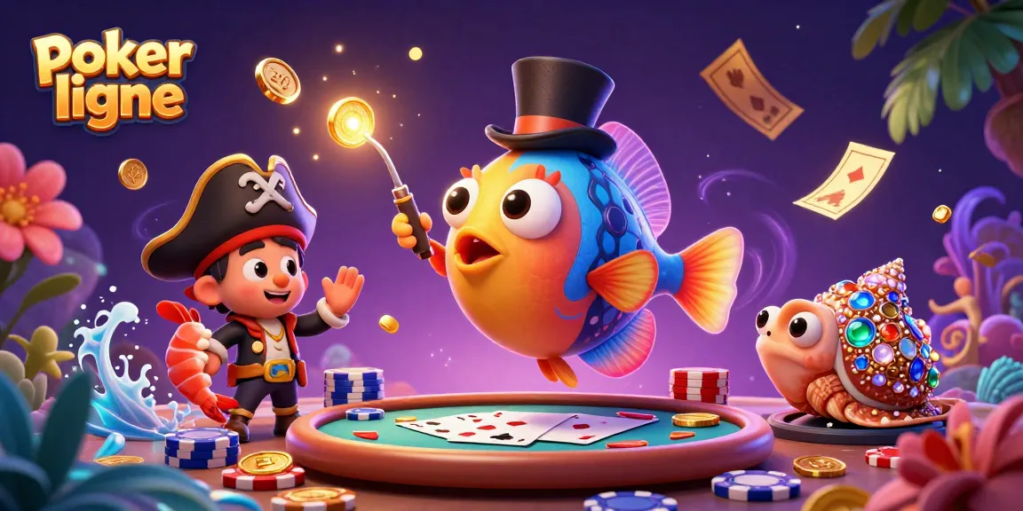 Jouez au poker en ligne avec des personnages colorés, incluant des jetons et des tables dans une illustration dynamique.