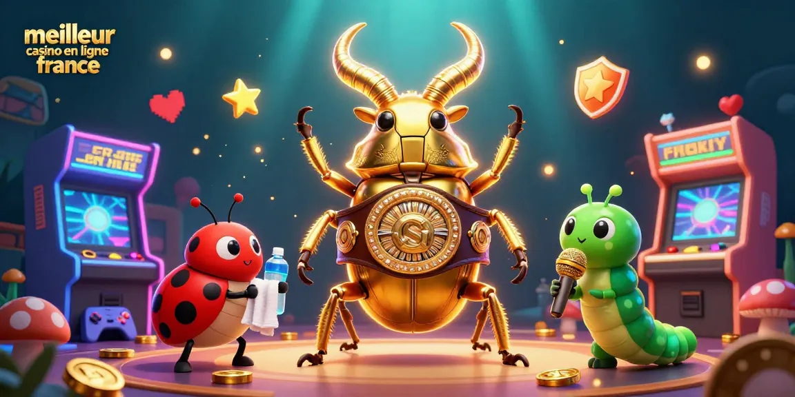 Illustration dynamique du meilleur casino en ligne France avec un scarabée doré et des éléments de jeu colorés.
