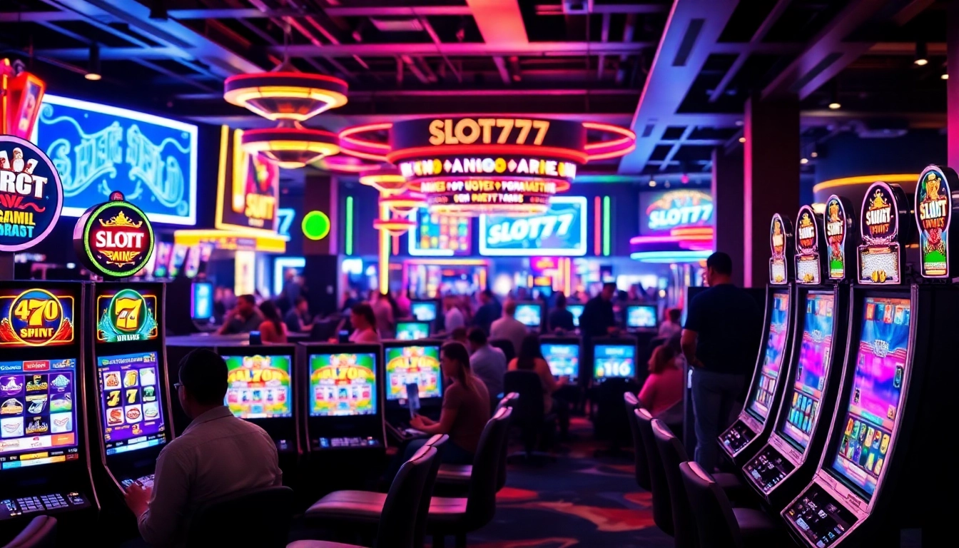 Taruhan di slot777 dengan mesin slot dan suasana kasino yang meriah.