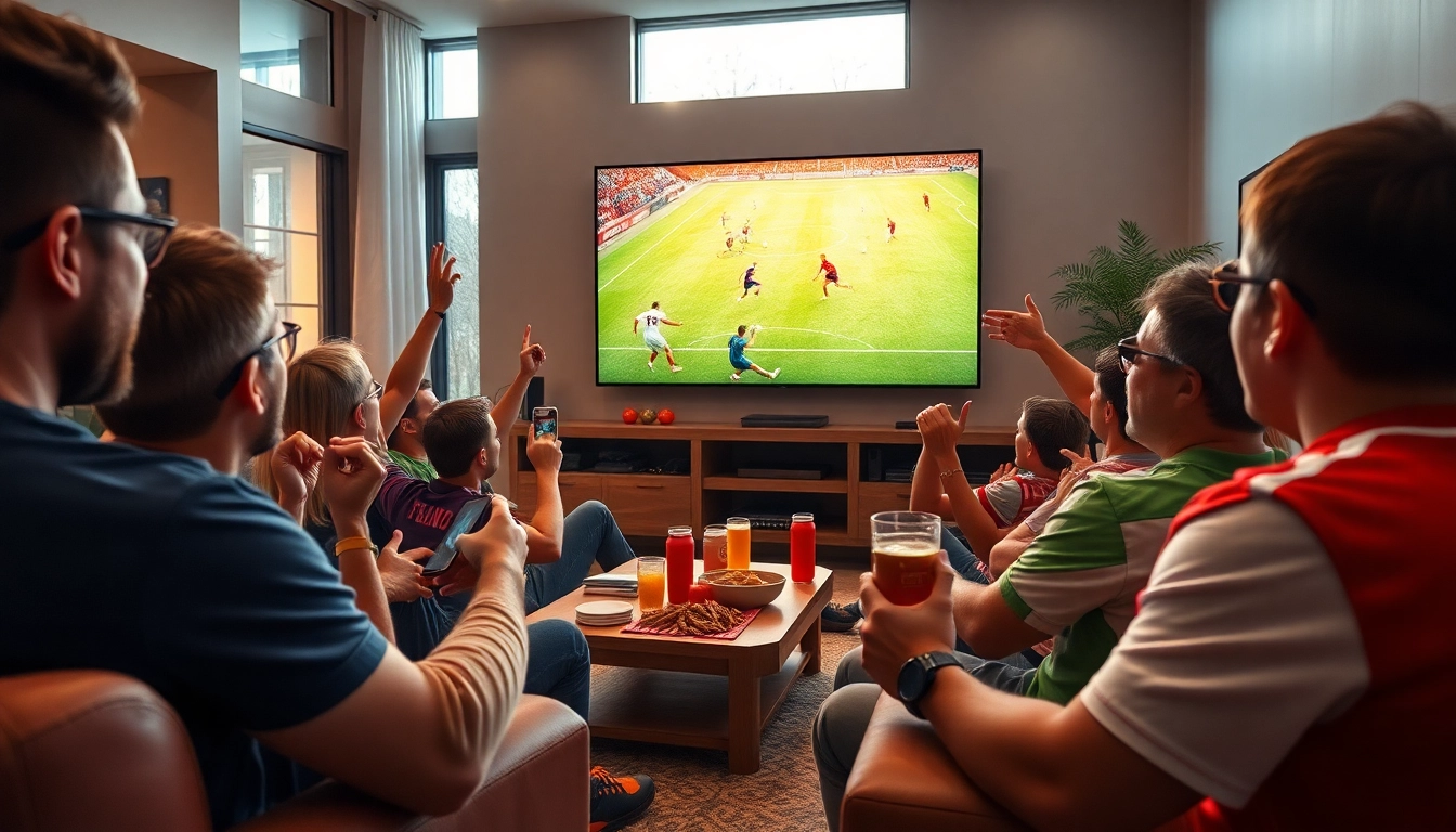 Exciting scene of sports fans enjoying live streaming on 토토스토리 with a vibrant atmosphere.