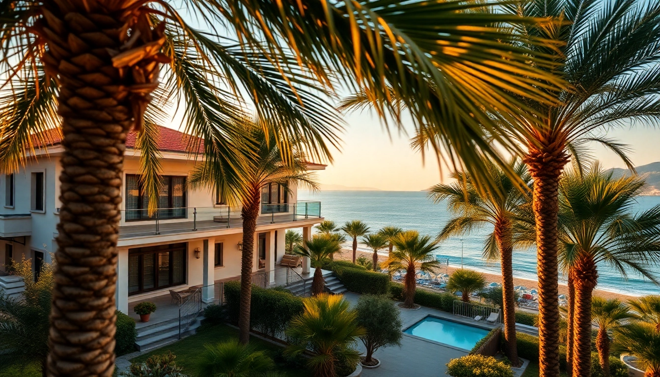 View of stunning houses for sale in Alanya Turkey with beautiful beach backdrop.