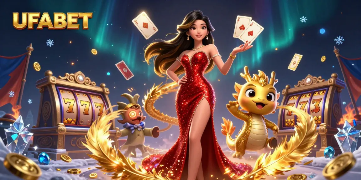 Win big at UFABET with this vibrant 3D casino scene showcasing slots, a confident dealer, and captivating visuals.