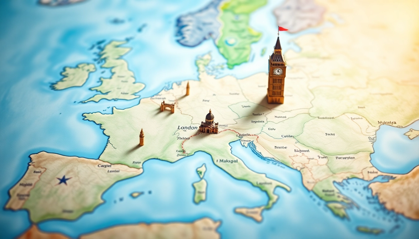 Highlighting London on a detailed map, illustrating is london in europe in context.