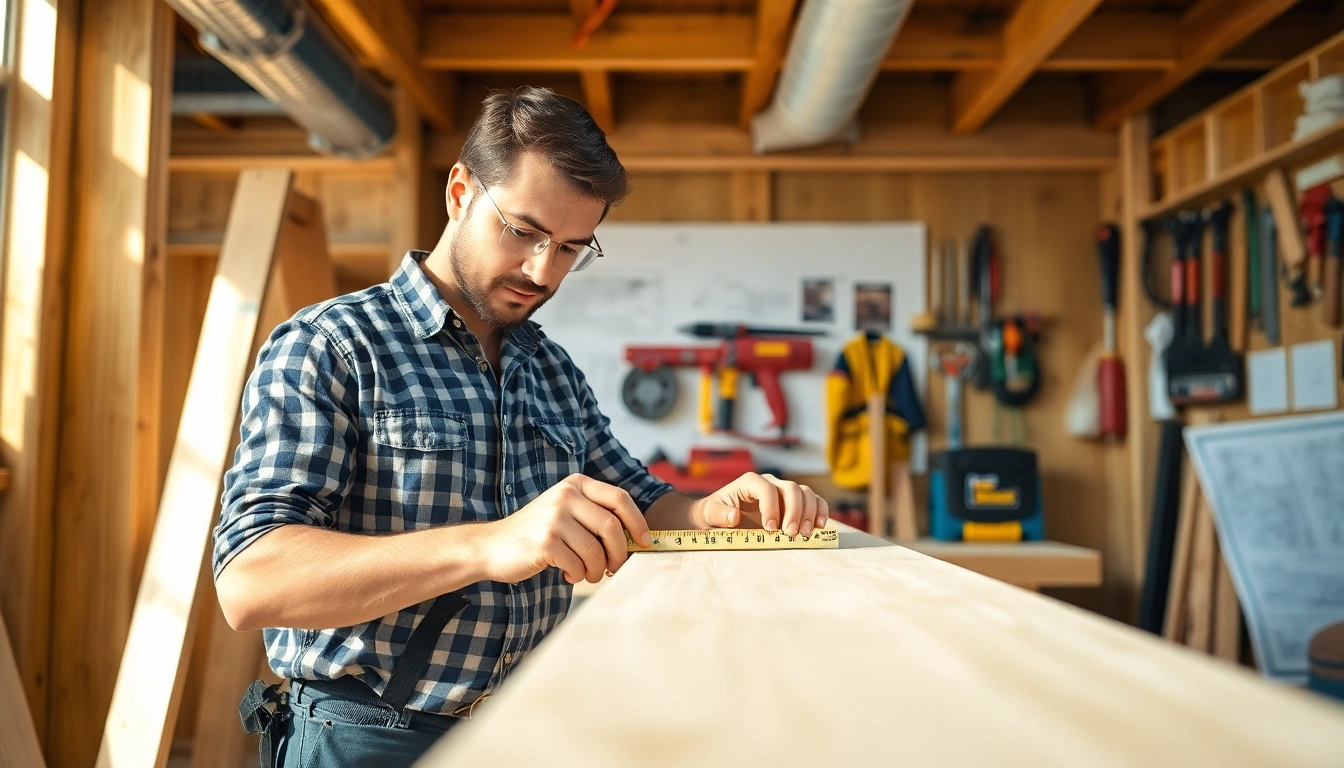 Engaged carpenter demonstrating carpentry apprenticeship skills with tools and blueprints.