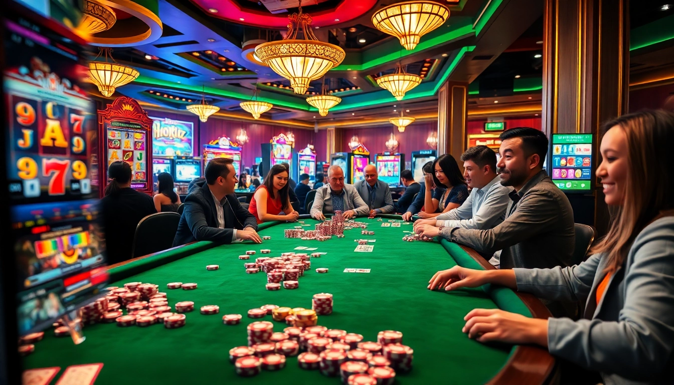 Players enjoying Hoki77 online games with vibrant slot machines and poker elements.