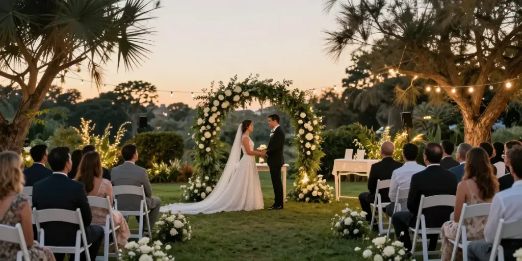 Event rentals at an elegant wedding ceremony with floral decor and ambient lighting.