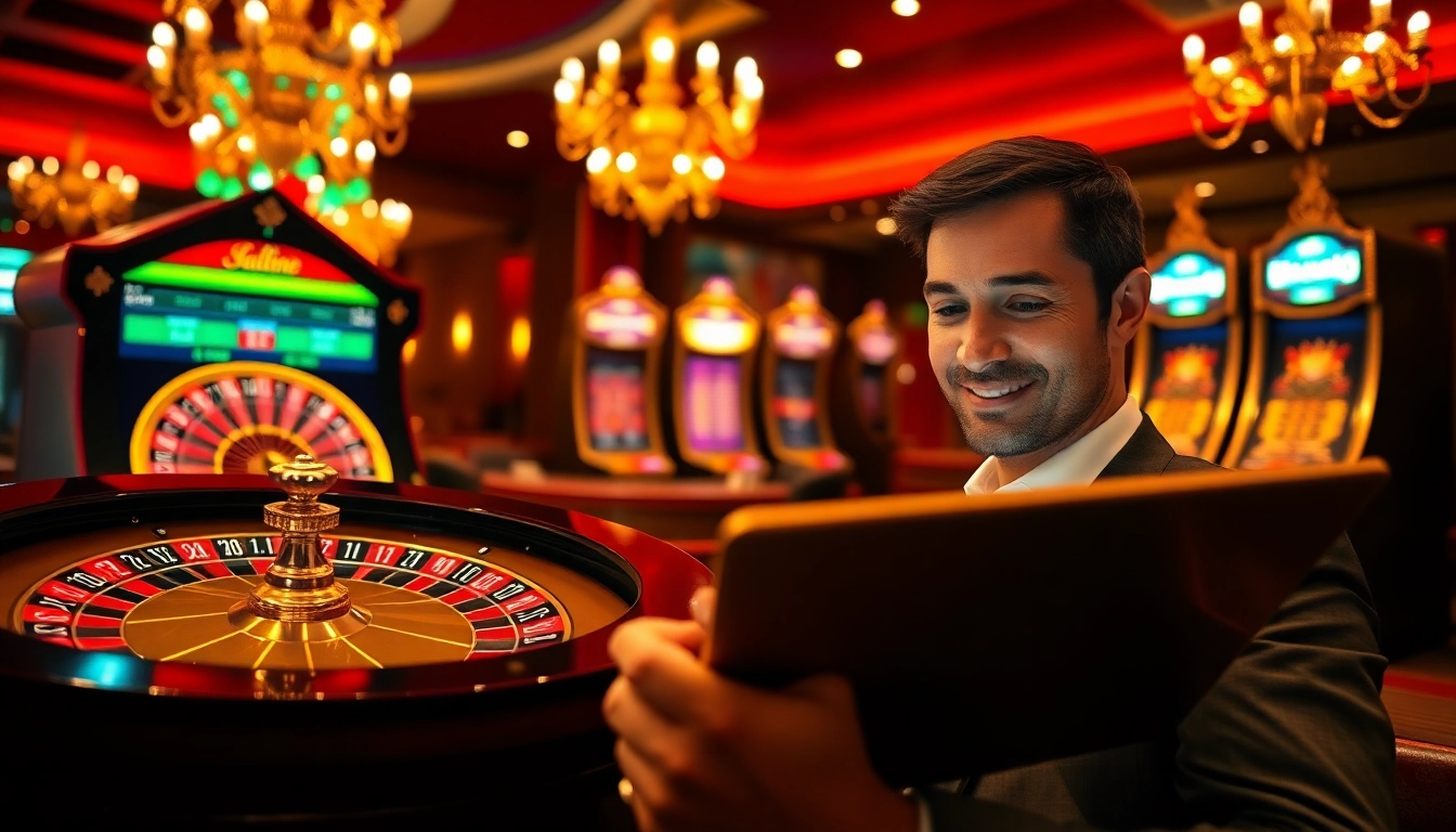Découvrez l'excitation du casino en ligne Français avec une ambiance de jeu en ligne luxueuse mettant en avant la roulette et les machines à sous.