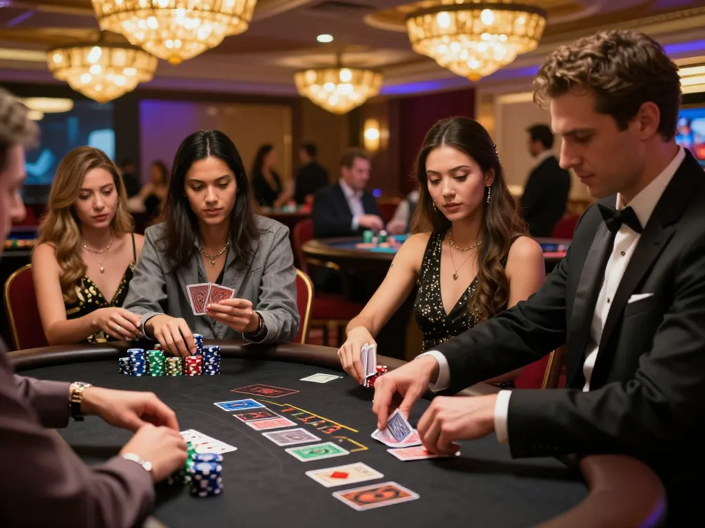 Players strategizing in a high-stakes blackjack game at cm88-t1 casino, vibrant atmosphere.