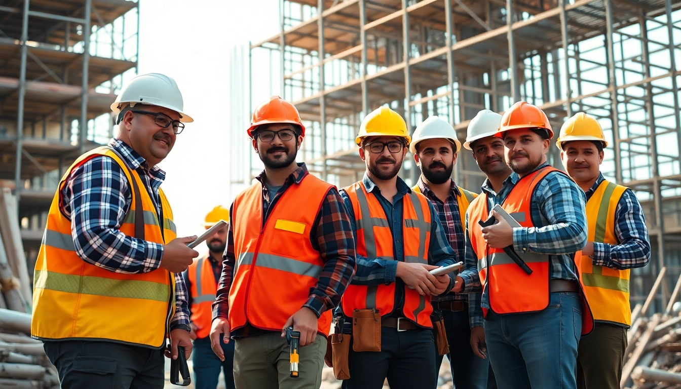 Construction career illustrated through diverse workers collaborating on a vibrant job site.