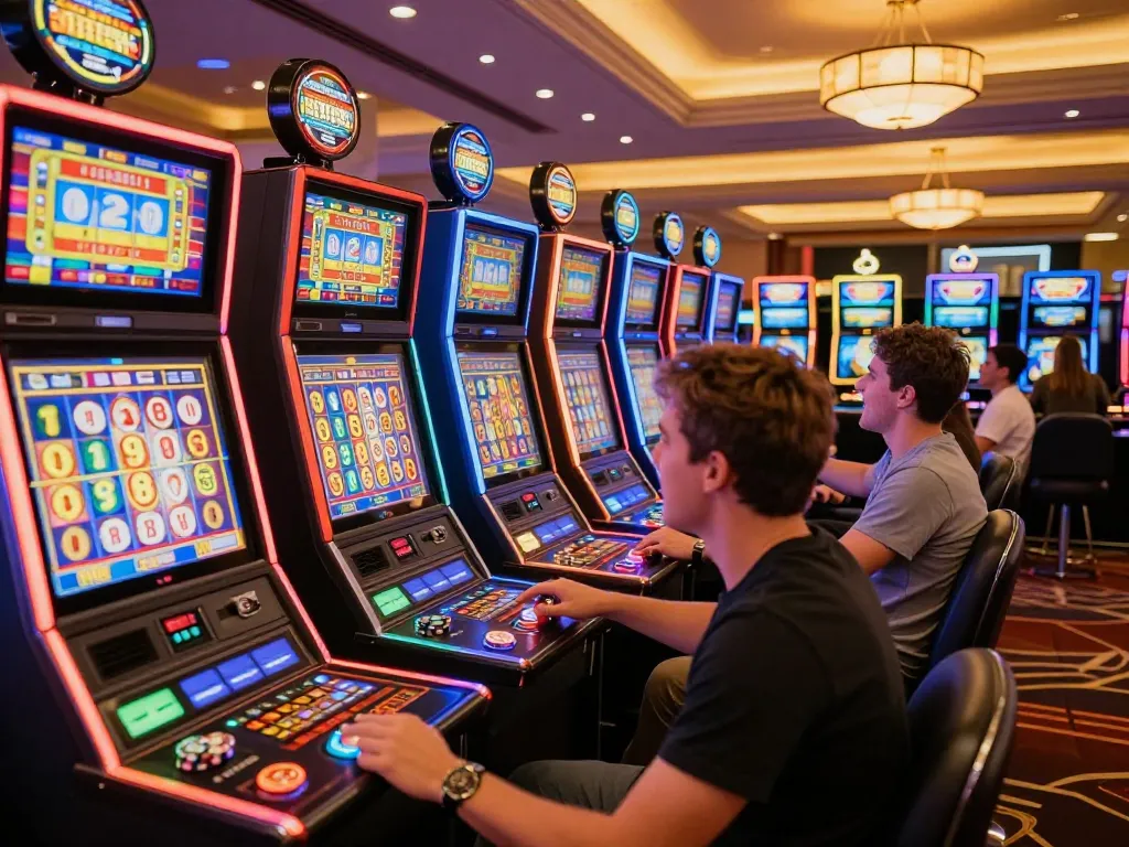 Engaging scene of players at slot machines enjoying slot gacor gampang menang action with bright lights in a lively casino atmosphere.