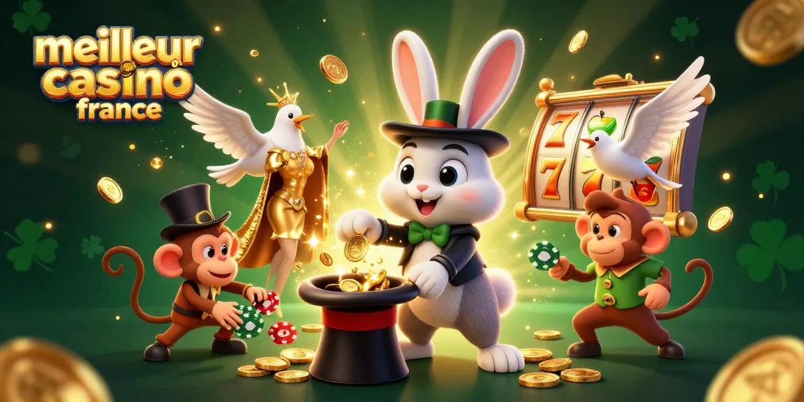 Illustration dynamique du meilleur casino en ligne France avec un lapin magicien tirant des pièces d'or.