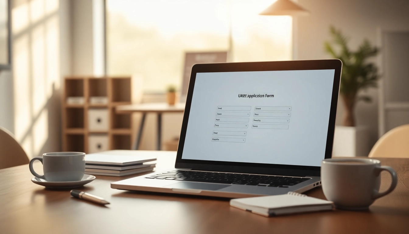 Complete the uk eta online application seamlessly on a laptop in a professional workspace.