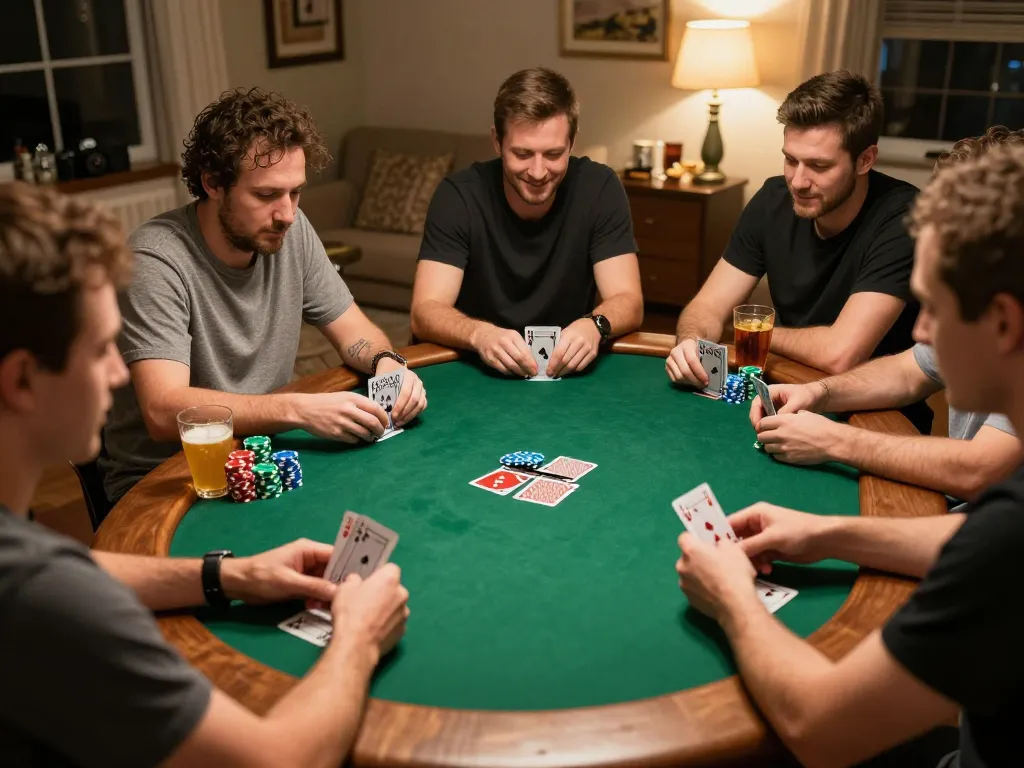 Players enjoying a lively poker game at home, showcasing XX88 chips and strategic interactions.
