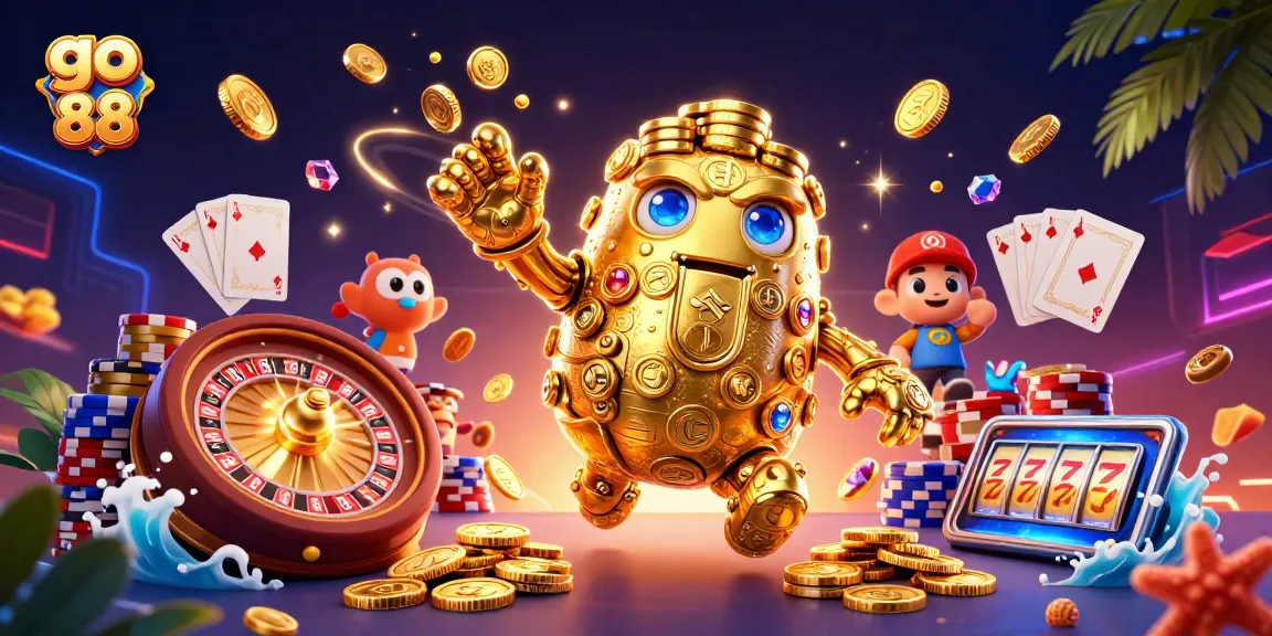 Spin the reels with go 88 as gold coins cascade in a vibrant casino scene.