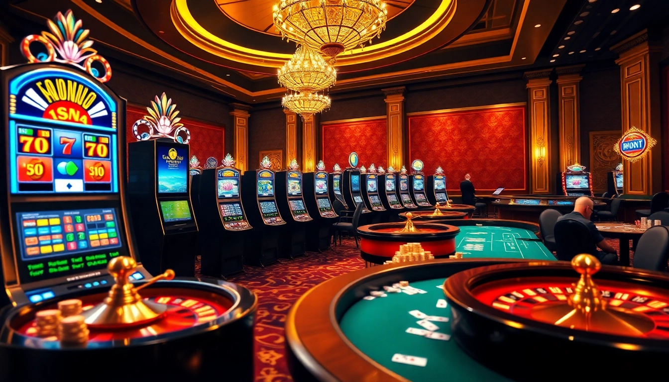 Découvrez l'excitation du casino en ligne Français avec des visuels de jeu vibrants de machines à sous et de tables de poker.